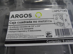 CAJA CUADRADA NO METÁLICA  CON 9 ORIFICIOS ROSCADOS DE 1/2 O 3/4 GRIS ARGOS #CAPC719G