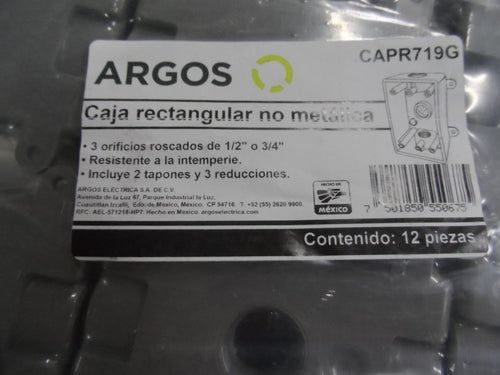 CAJA RECTANGULAR NO METÁLICA 3 ORIFICIOS ROSCADOS DE 1/2 o 3/4 GRIS ARGOS #CAPR719G