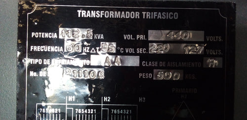 TRANSFORMADOR TIPO SECO ENERGY TRIFASICO  112.5 KVA, PRIM 440 V, SEC 220/127 V