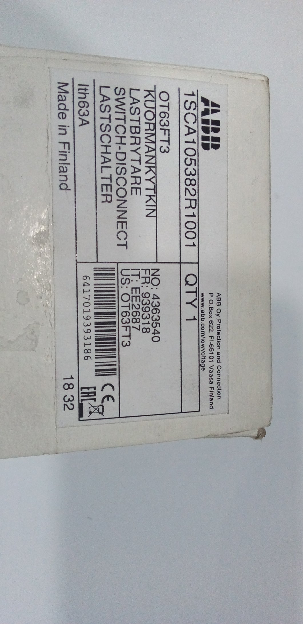 SECCIONADOR ABB OT63FT3 DE 63 AMP P/PUERTA  1SCA105382R1001