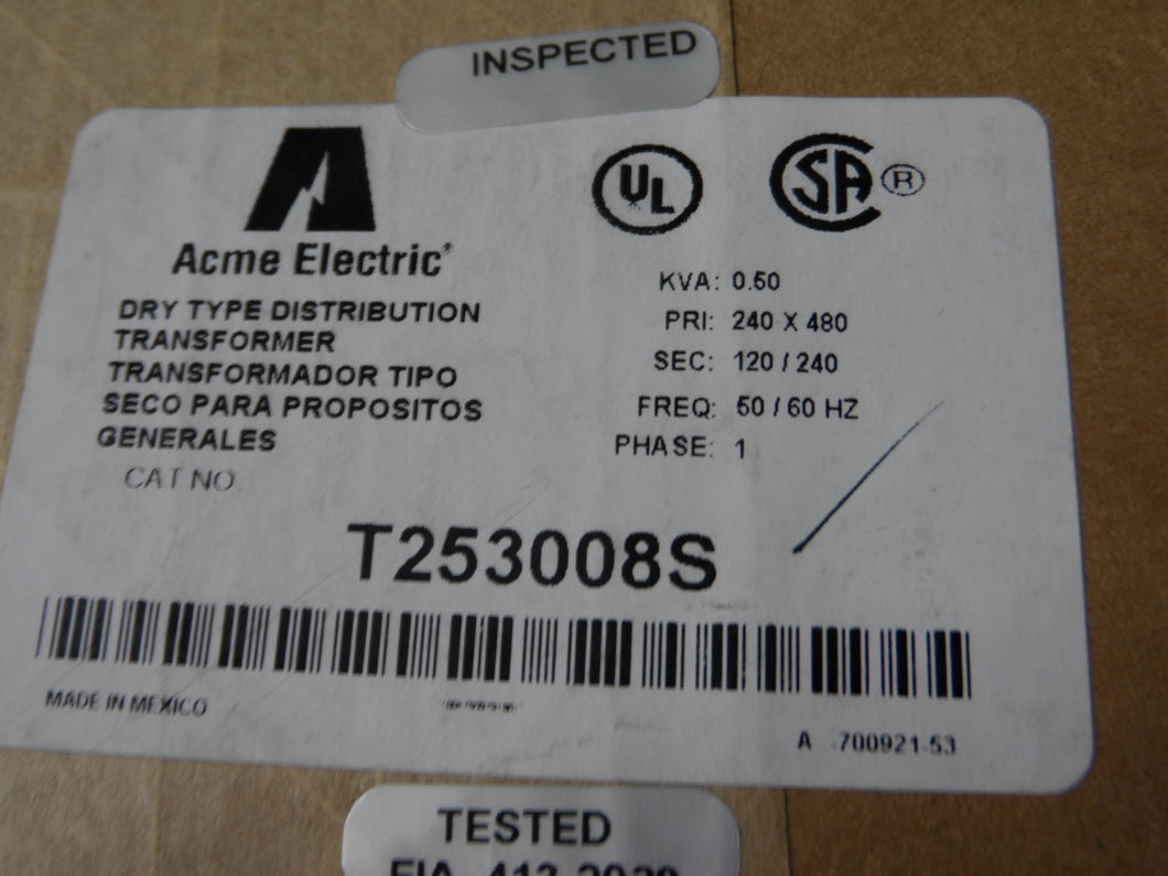 TRANSFORMADOR DE .5KVA MCA. ACME MOD. T253008S PRIM. DE 240X 480V SEC. 120/240V