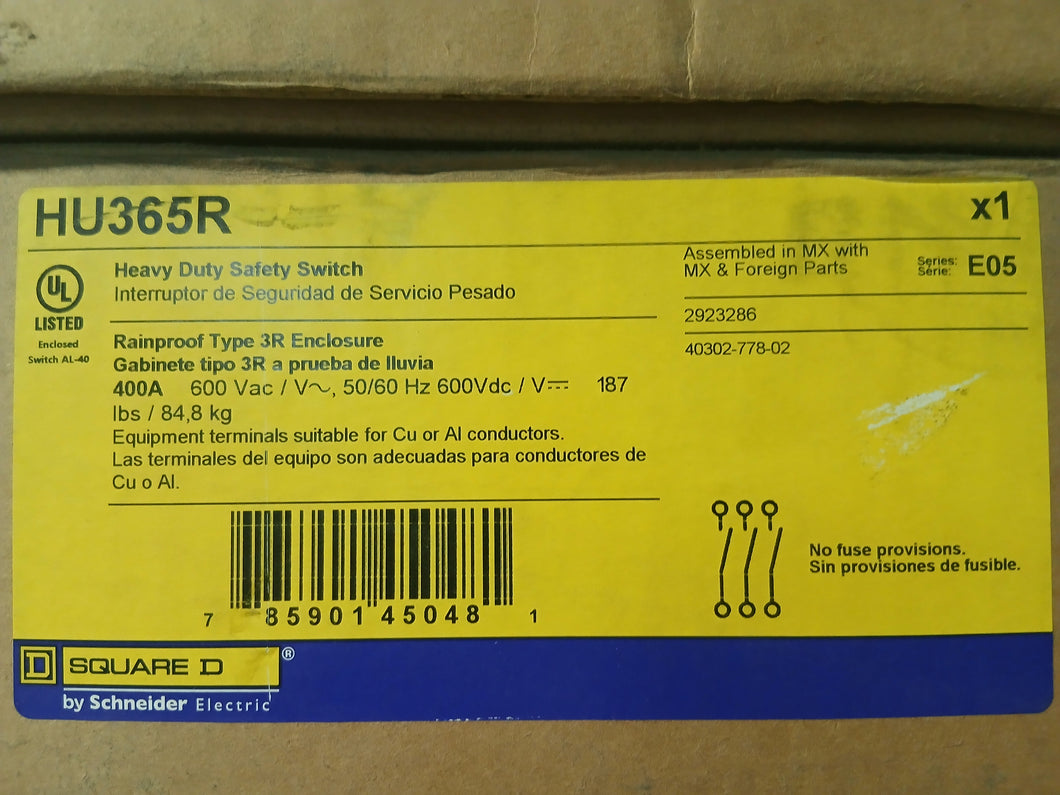 DESCONECTADOR SQUARE D SIN PORTAFUSIBLES 400 AMP HU365R 480V