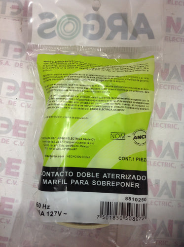 CONTACTO DOBLE ATERRIZADO ARGOS #8810250, 15 AMP. 127 V. PARA SOBREPONER COLOR MARFIL