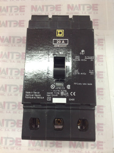INTERRUPTOR TERMO. SQUARE D EDB34020, 3P, 20 AMP, 480Y/277 V, 18 kA