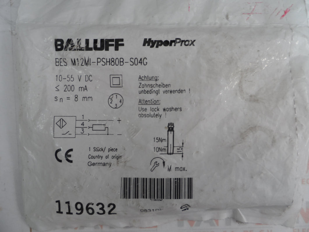 SENSOR IND. BALLUFF BES-M12M1-PSH80B-S04G M12 10-55 VDC PNP NO DS 8MM RAZANTE 4 HILOS C/CONECTOR M12