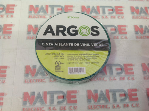 CINTA AISLAR ARGOS #9750051 DE 3/4 PULG X 18 MTS 600 V PLASTICA COLOR VERDE