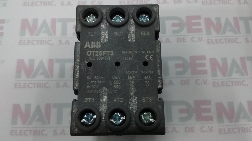 SECCIONADOR ABB OT25ET3, 3P, 25 AMP, 15 HP, 480 VCA (mod antiguo-notas)