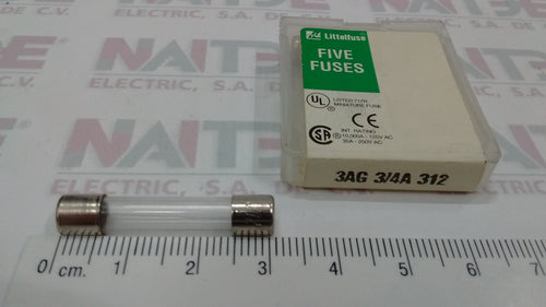 FUSIBLE DE CRISTAL LITTELFUSE 312-3AG DE 3/4 AMP 250 V (S/M)