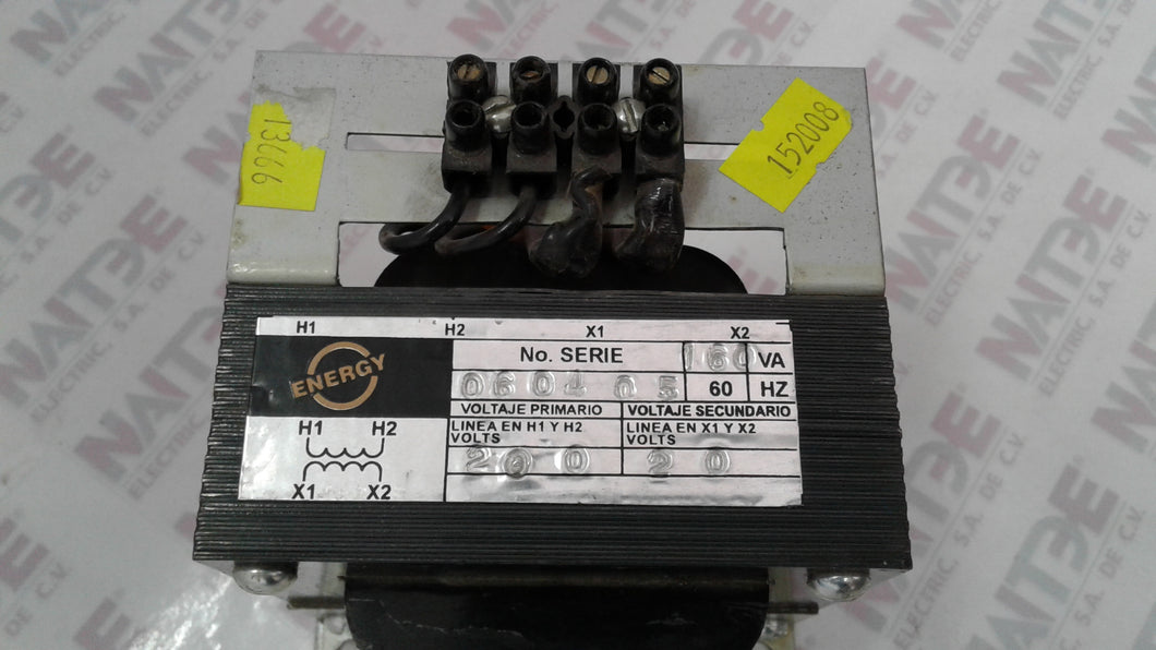 TRANSFORMADOR DE CONTROL ENERGY 160 VA PRIMARIO 200 V SEC 20V