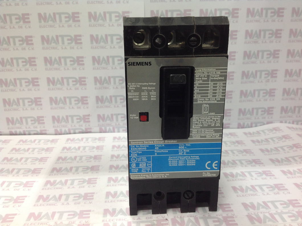 INTERRUPTOR TERMO SIEMENS ED63B040MX 40 AMP. 600 V.