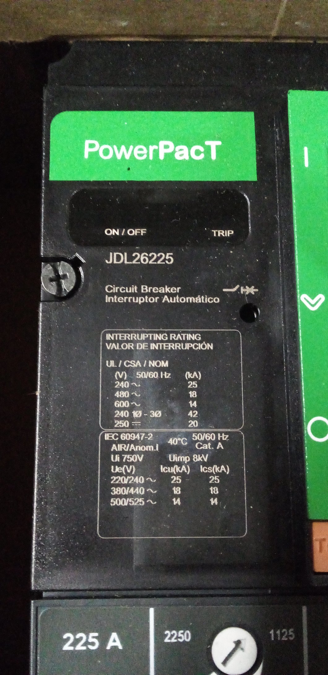 INTERRUPTOR TERMO. SQUARE D JDL26225, 2P, 225 AMP, 600 V, 18 kA
