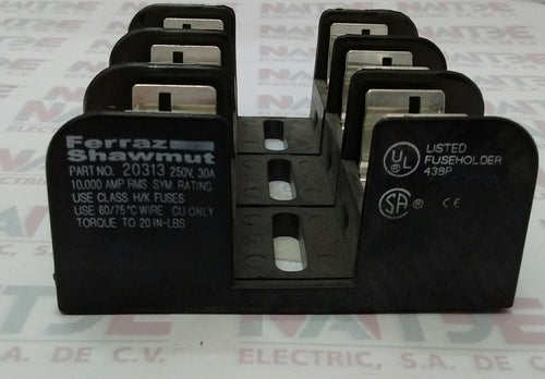 BASE PORTAFUSIBLE FERRAZ 20313, 30 AMP 250 V DE 3 POLOS