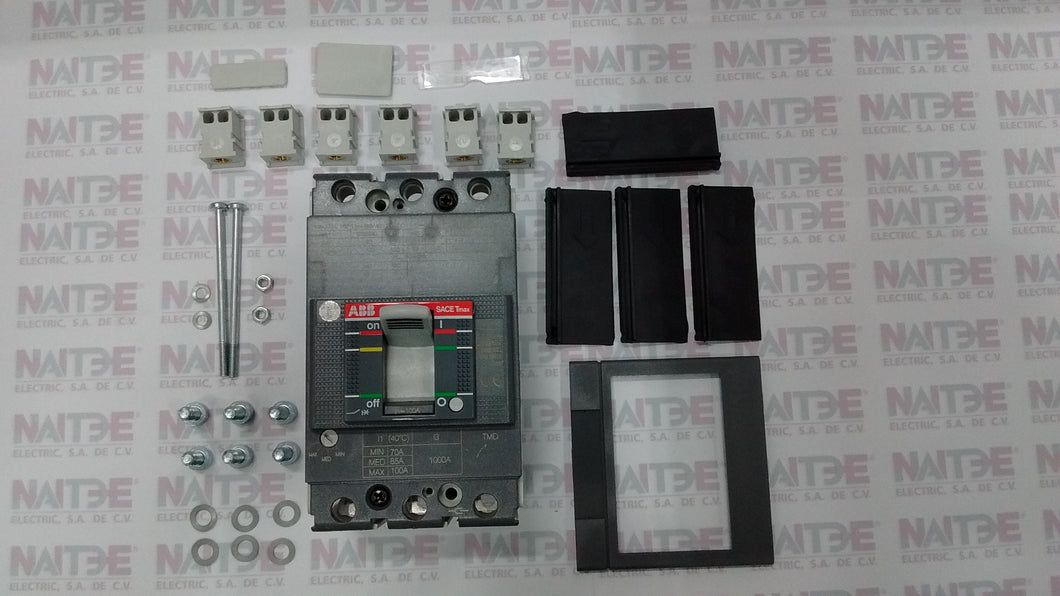 INTERRUPTOR TMAX ABB  XT1C, 100 AMP, C/REL TMD, 3 POLOS S/TERMINALES CAT. 1SDA067397R1